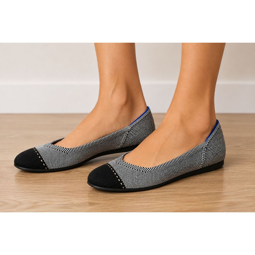 Rothy’s The Loafer Mist Cap Toe Knit Flats Black White Comfort Eco Washable Sz 6